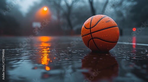 Wet basketball left on the court under a stormy sky signaling an interrupted game