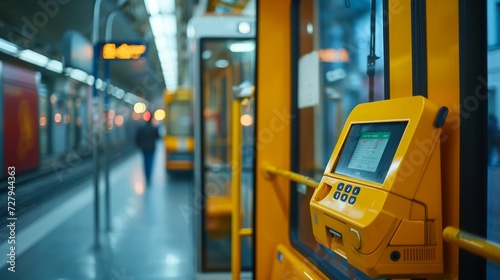Bright yellow payment terminal on public transport with a sharp focus