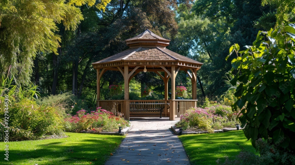 Pavilion or gazebo in beautiful public garden park.