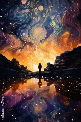 man exploring beautiful colorful world, nature and astronomy, in style of vibrant illustrations