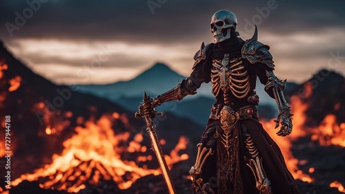 Burning demon skeleton knight over volcano 