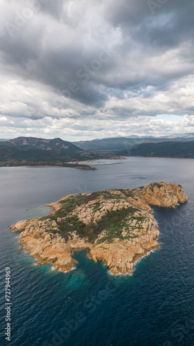 Aerial drone shots of the port of Teulada with Isola Rossa and Tramatzu beach with white sand and crystal clear water.