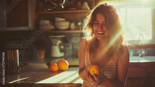 Cheerful woman in sunlit kitchen