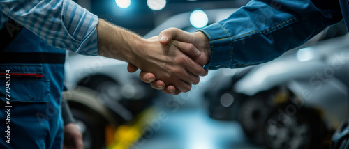 A handshake deal in an auto repair shop, trust and professionalism in action photo
