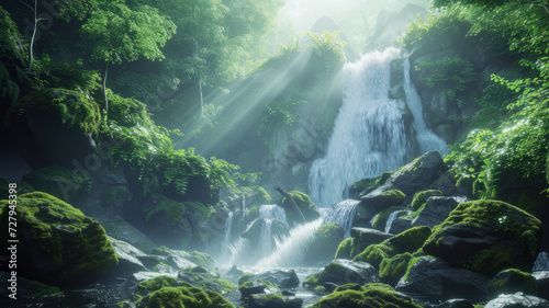 Sunlight illuminates the rushing water of a waterfall