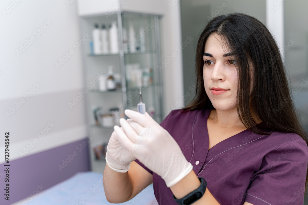 Medical specialist of woman beauty holding injection. Cosmetology master preparation. Medical specialist of woman beauty holding injection. Cosmetology master preparation.