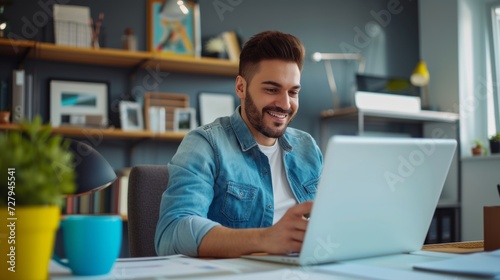 Young man using laptop and smiling at home office