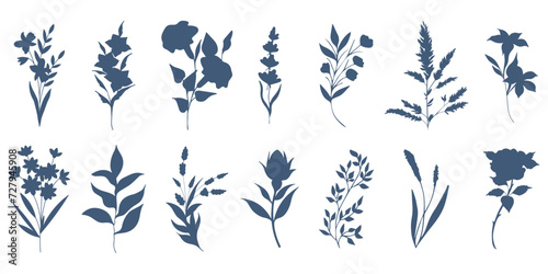 Set of elegant silhouettes of flowers, branches and leaves. Thin hand drawn vector botanical elements 