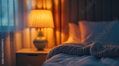 Inviting bedroom ambiance created by a bedside lamp with a warm glow photo