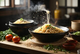 Tasty appetizing classic korean pasta, cheese parmesan and basil on plate on dark table.