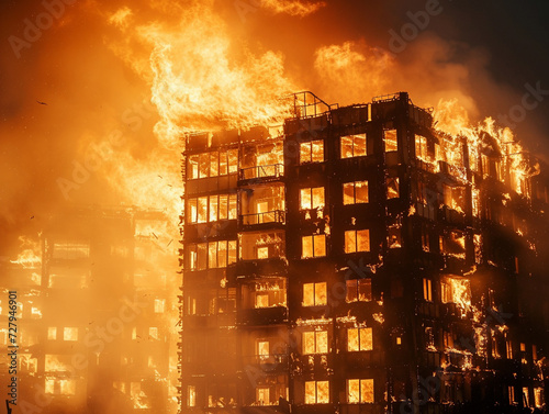 Residential building caught in an inferno, the scene emphasizing the importance of safety measures and insurance in mitigating risk and damage photo