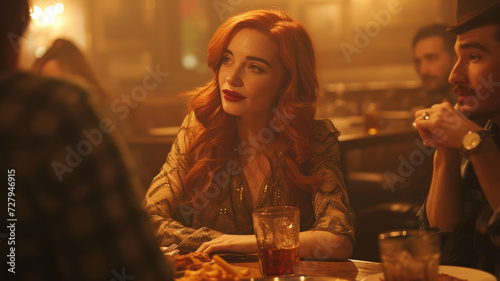 Beautiful red-haired woman at a table in a restaurant.
