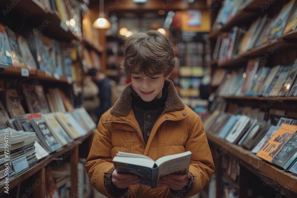 A young boy engrossed in a book amidst the towering shelves of a public library, surrounded by the endless possibilities of literature and the comforting presence of a woman perusing the bookstore sh A young boy engrossed in a book amidst the towering shelves of a public library, surrounded by the endless possibilities of literature and the comforting presence of a woman perusing the bookstore sh