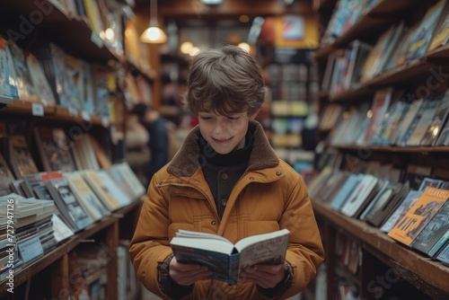 A young boy engrossed in a book amidst the towering shelves of a public library, surrounded by the endless possibilities of literature and the comforting presence of a woman perusing the bookstore sh