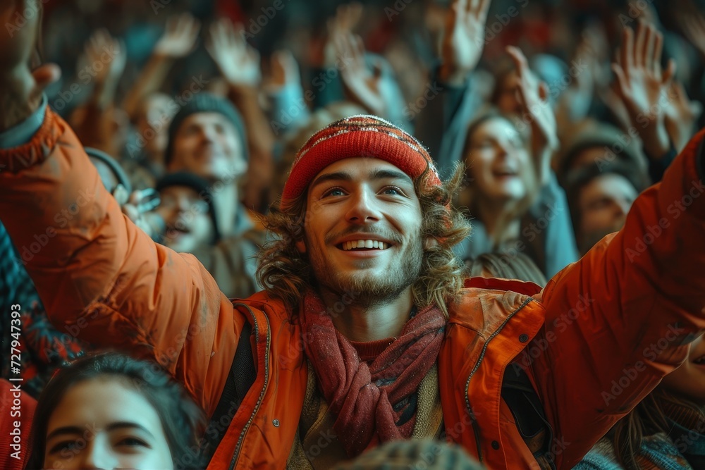 A jubilant festival-goer, adorned in a vibrant orange jacket and red hat, raises his arms in pure elation, his beaming smile a reflection of the contagious joy and excitement radiating from the crowd