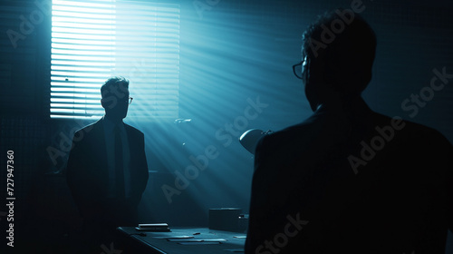 Mysterious figure being interrogated in a dimly lit room, a detective piecing together witness statements