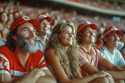 A diverse group of passionate fans, their faces lit up with joy and pride, dressed in their team's colors, smiling as they cheer on their favorite baseball player, all sitting together in a crowded s