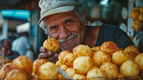 Closeup of elderly man holding brazilian cheese bread - pao de queijo in hands