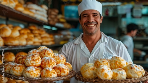 Chief in uniform holding a plate with brazilian cheese bread - pao de queijo