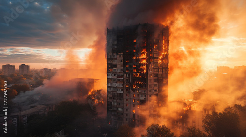 Illustration of a residential building engulfed in flames, dense smoke rising against the sky, emphasizing the scale of the emergency photo