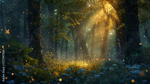 Enchanting woodland at night, the gentle radiance of a mystical creature illuminating the trees and casting a magical and glittering light © 1st footage