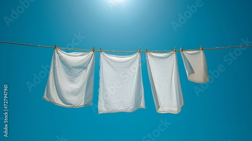 Fresh white laundry hanging on a line against a clear blue sky reflecting cleanliness