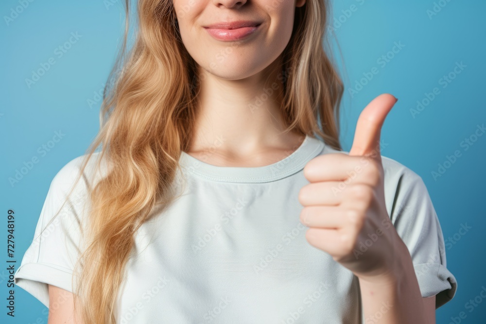 woman white t-shirt showing thumb up recommend new advertisement isolated on blue color background woman white t-shirt showing thumb up recommend new advertisement isolated on blue color background