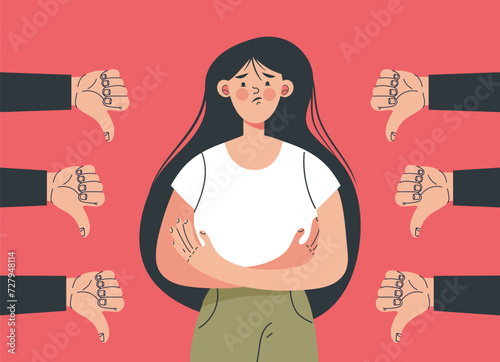 Sad businessman and many hands with thumbs down. Vector flat illustration
