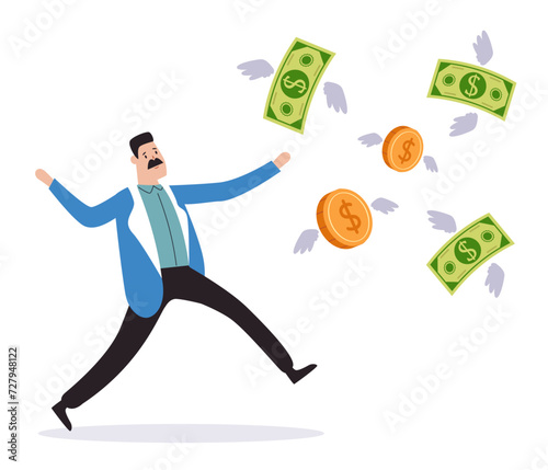 Businessman loss money fly away finance risk concept. Vector flat cartoon illustration