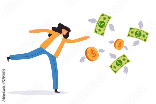 Businessman loss money fly away finance risk concept. Vector flat cartoon illustration
