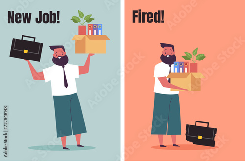 Business people office worker character find new job and lost. Being hired and fired concept. Vector design graphic flat cartoon isolated illustration