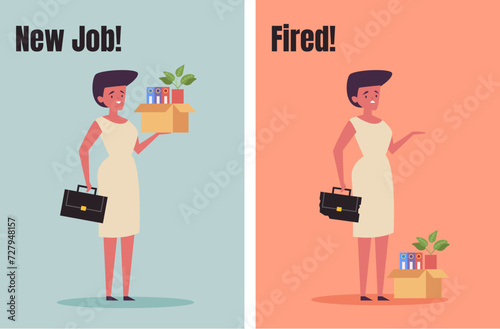 Business people office worker character find new job and lost. Being hired and fired concept. Vector design graphic flat cartoon isolated illustration
