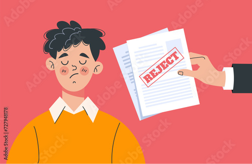 Hand hold rejected paper document. Vector flat illustration
