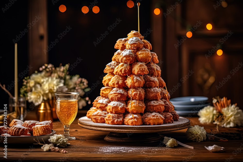 Indulge in the elegance of a tasty Croquembouche adorned with flowers, placed on a table with candles. Perfect for culinary and celebration themed designs. Indulge in the elegance of a tasty Croquembouche adorned with flowers, placed on a table with candles. Perfect for culinary and celebration themed designs.