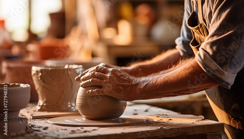 Ceramic, pottery making from clay, craftsperson, artist creating ware in workshop, handmade product