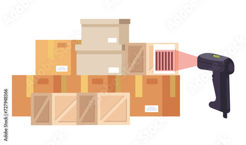 Barcode scanner scanning box label information data. Cargo delivery sale concept. Vector flat cartoon graphic design isolated icon illustration photo
