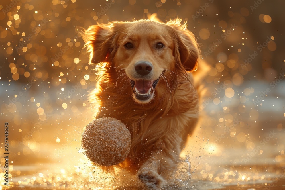 A majestic golden retriever, belonging to the sporting group, gleefully splashes through the water with a brown ball in its mouth, embodying the joy and freedom of being an outdoor animal