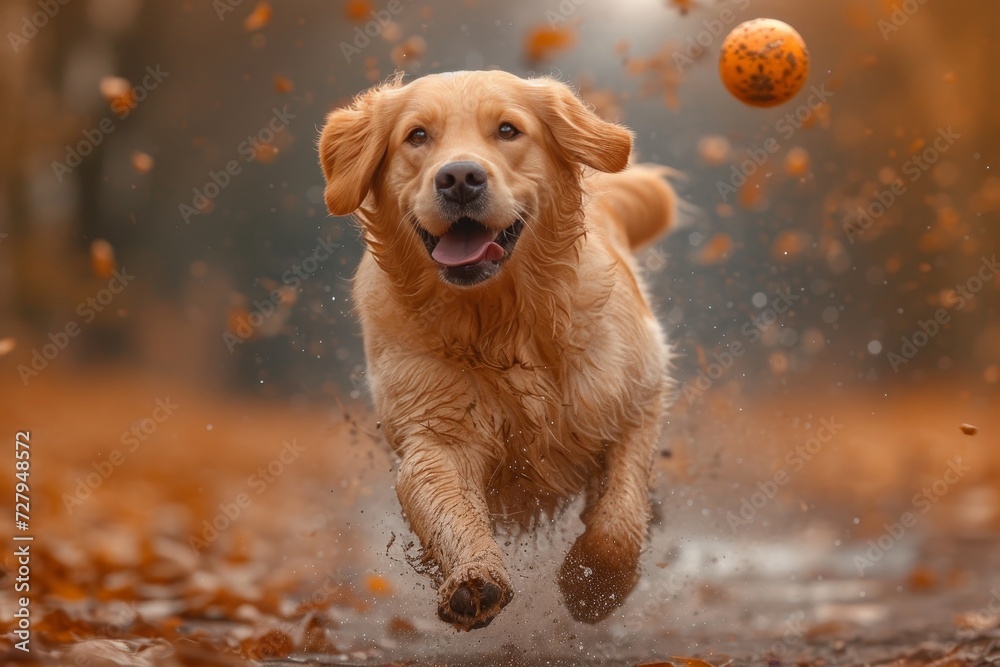 A majestic golden retriever gracefully sprints across the lush green ground, eagerly chasing after a ball with the determined athleticism of a sporting group breed