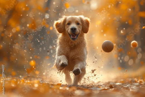 A lively golden retriever bounds across the lush green grass, chasing after a bright yellow ball with pure joy and determination