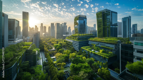 City skyline portraying the future of eco-friendly construction, with buildings equipped with green roofs, solar panels, and innovative design for sustainability