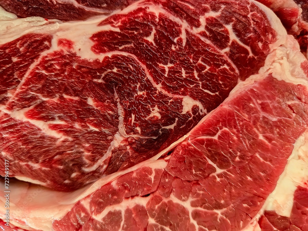 Closeup of raw beef marbled with fat