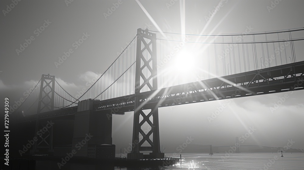 The sun's rays create a stunning flare over a grayscale image of a suspension bridge, highlighting its grandeur and elegance. The sun's rays create a stunning flare over a grayscale image of a suspension bridge, highlighting its grandeur and elegance.