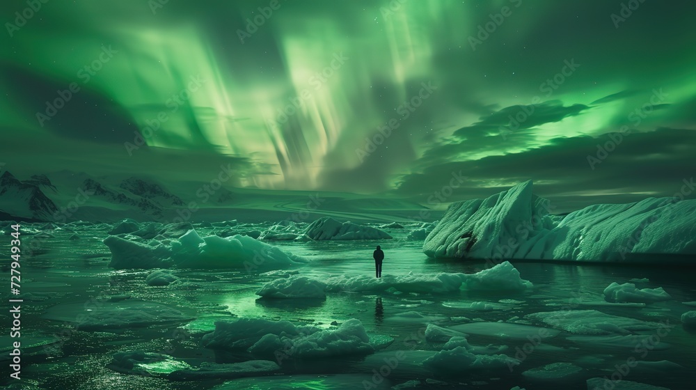 A solitary figure stands amidst icebergs under the breathtaking Aurora Borealis, showcasing the beauty of nature's light display in a glacial environment.