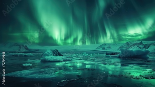 The Aurora Borealis, or Northern Lights, illuminate the sky with a spectacular show of color above a serene, icy landscape dotted with icebergs.