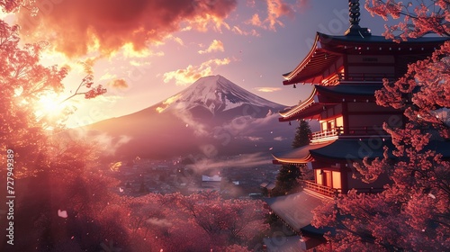 Sunset over Mount provides a stunning backdrop to the vibrant cherry blossoms and traditional pagoda, encapsulating the beauty of Japanese springtime.
