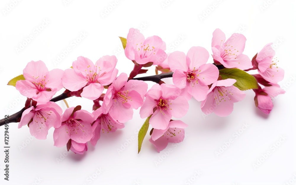 Bright pink cherry tree flowers on white isolated background