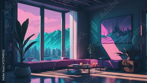 loop animation, virtual backgrounds, stream overlay, live wallpaper. interior, cozy futuristic living room at sunset, vtuber asset zoom OBS screen, chill anime lo-fi hip hop photo