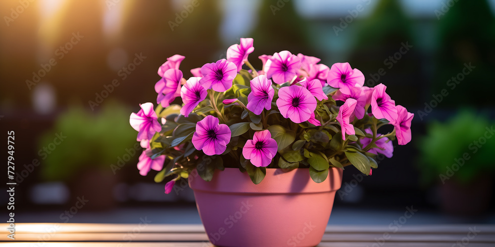 Petunia in a flower pot on a blurred background on a sunny day Petunia in a flower pot on a blurred background on a sunny day