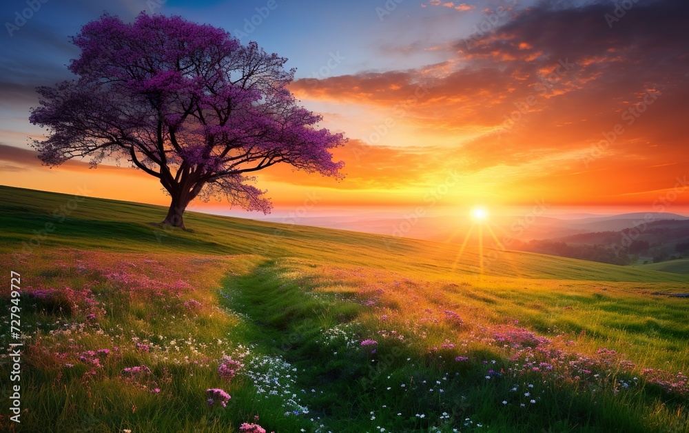 Fototapeta premium Colorful spring sunrise on meadow