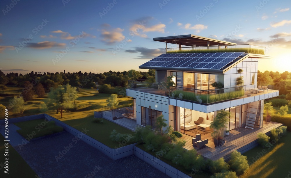 Smart home concept with solar panels. 3D rendering of a modern cozy house with a swimming pool and parking for sale or rent in luxury style. Smart home concept with solar panels. 3D rendering of a modern cozy house with a swimming pool and parking for sale or rent in luxury style.